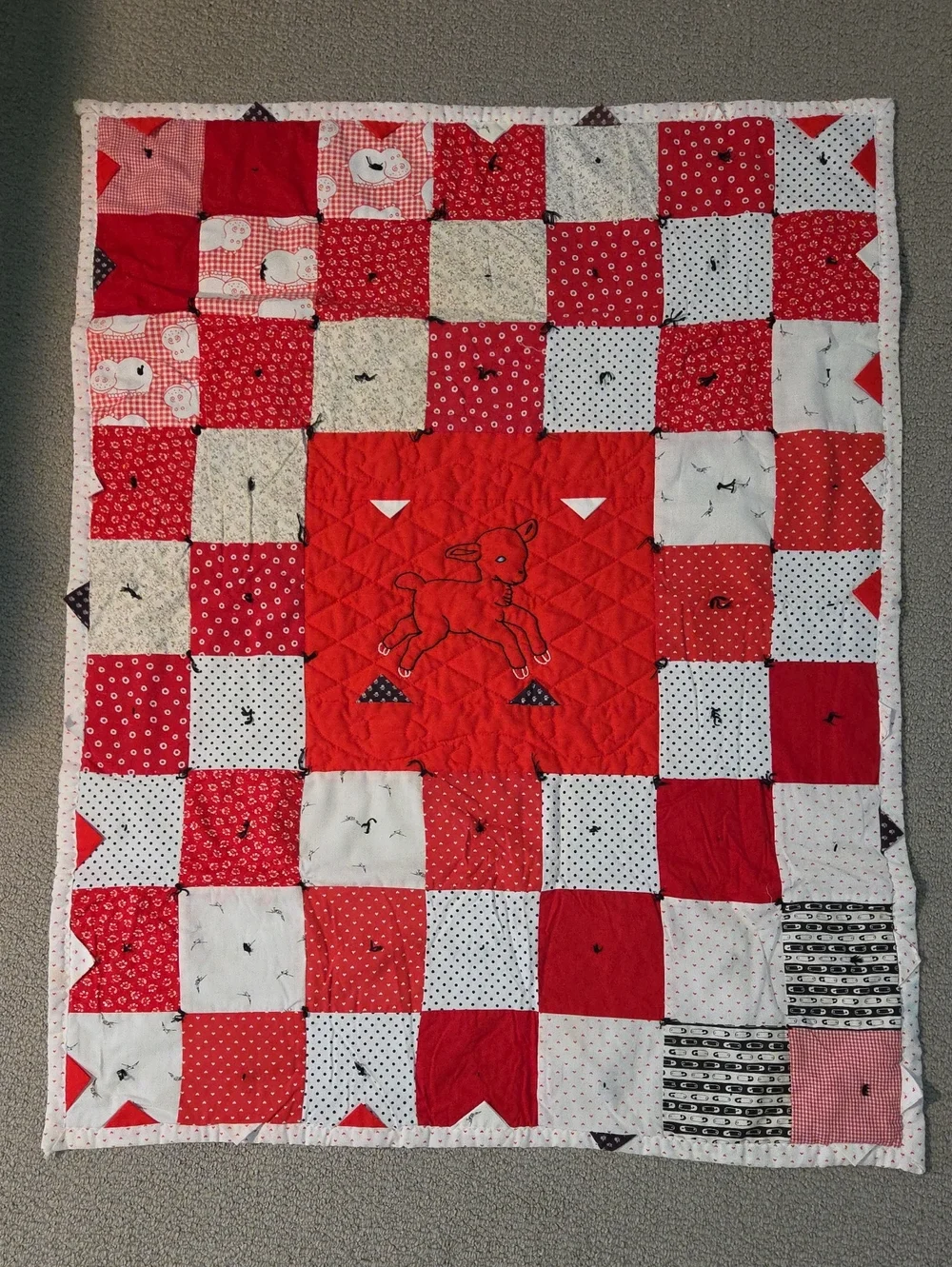 Handmade Red & White Baby Quilt with Lamb Motif